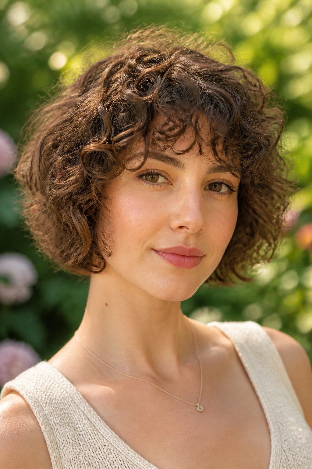 Close-up portrait of a real woman with curly butterfly crop and curly fringe