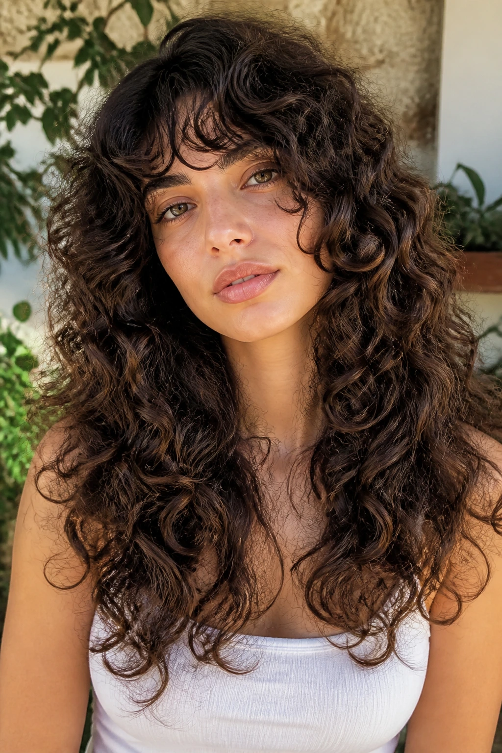 Portrait of person with curly butterfly shag for dense ringlets