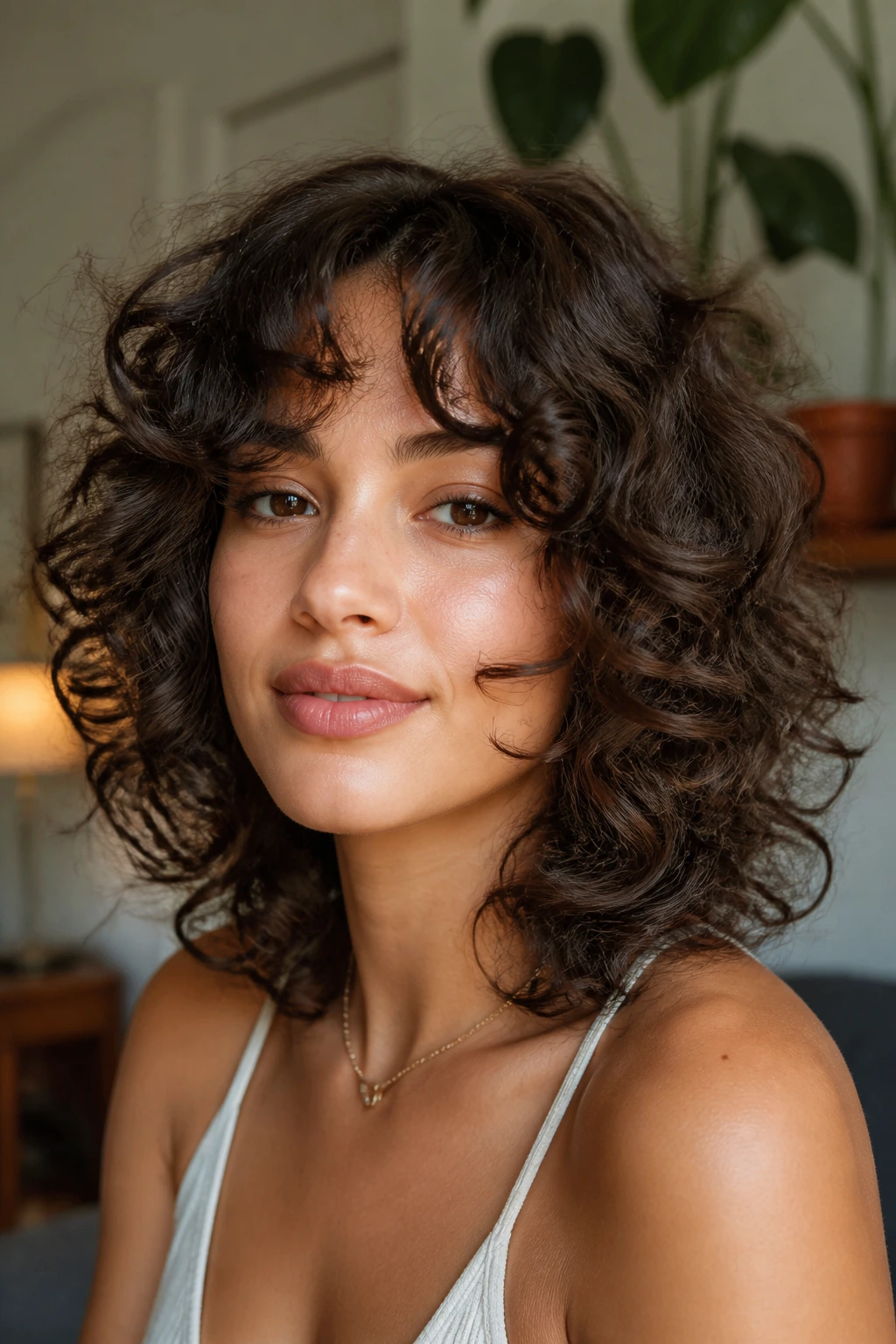 Close-up of a real woman with curly shoulder-length butterfly cut in cozy indoor light