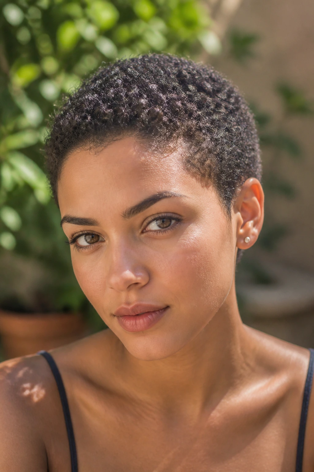 Close-up portrait of a woman with a curly buzz cut showing visible curls and texture