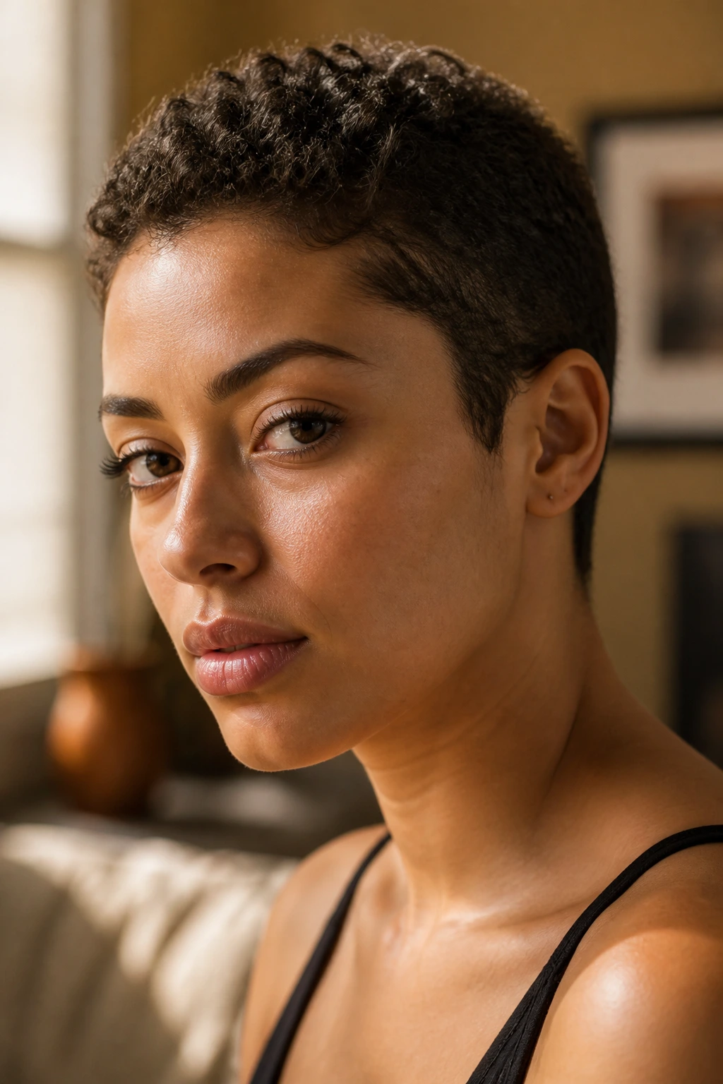Close-up of a real woman with a curly buzz cut showing textured curls