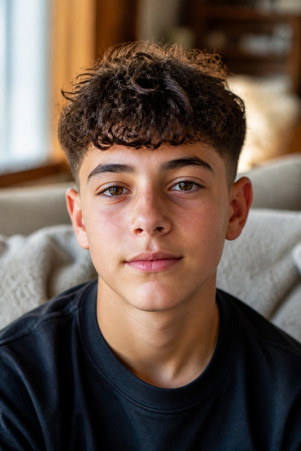 Front-facing portrait of a real boy with a curly Caesar cut and short fringe.