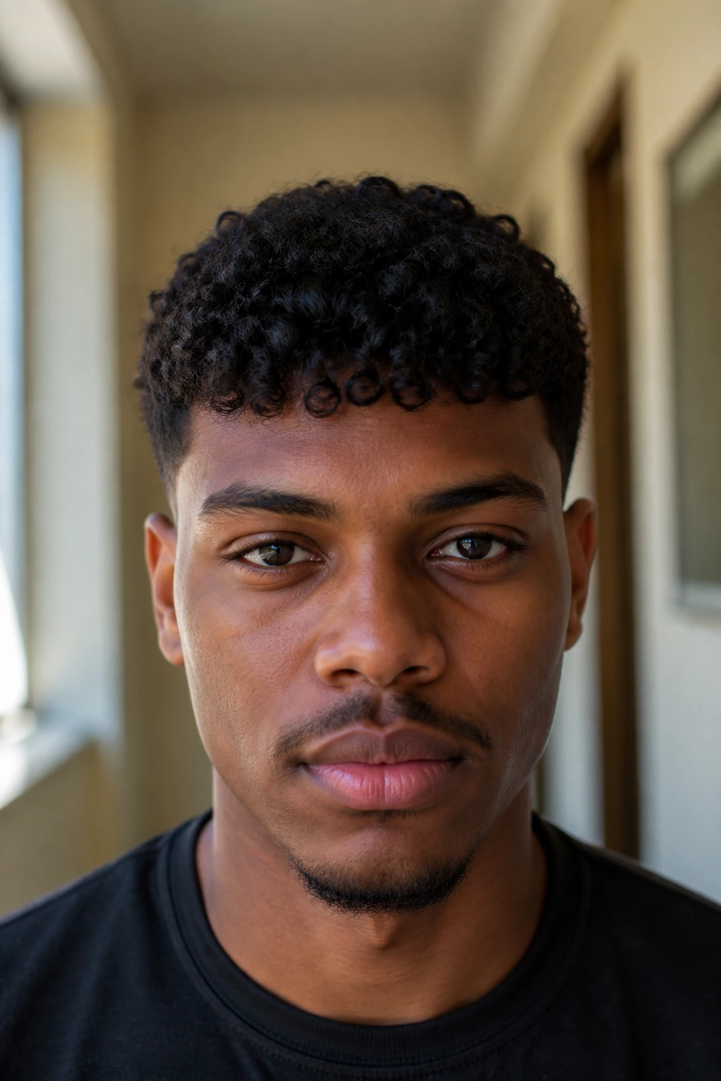 Close-up of a real person with a curly Caesar and short fringe.