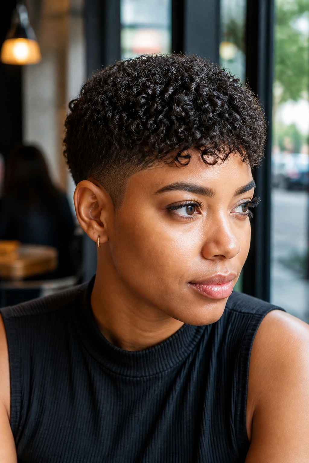 Close-up portrait of a real person with forward-fringe curly Caesar crop