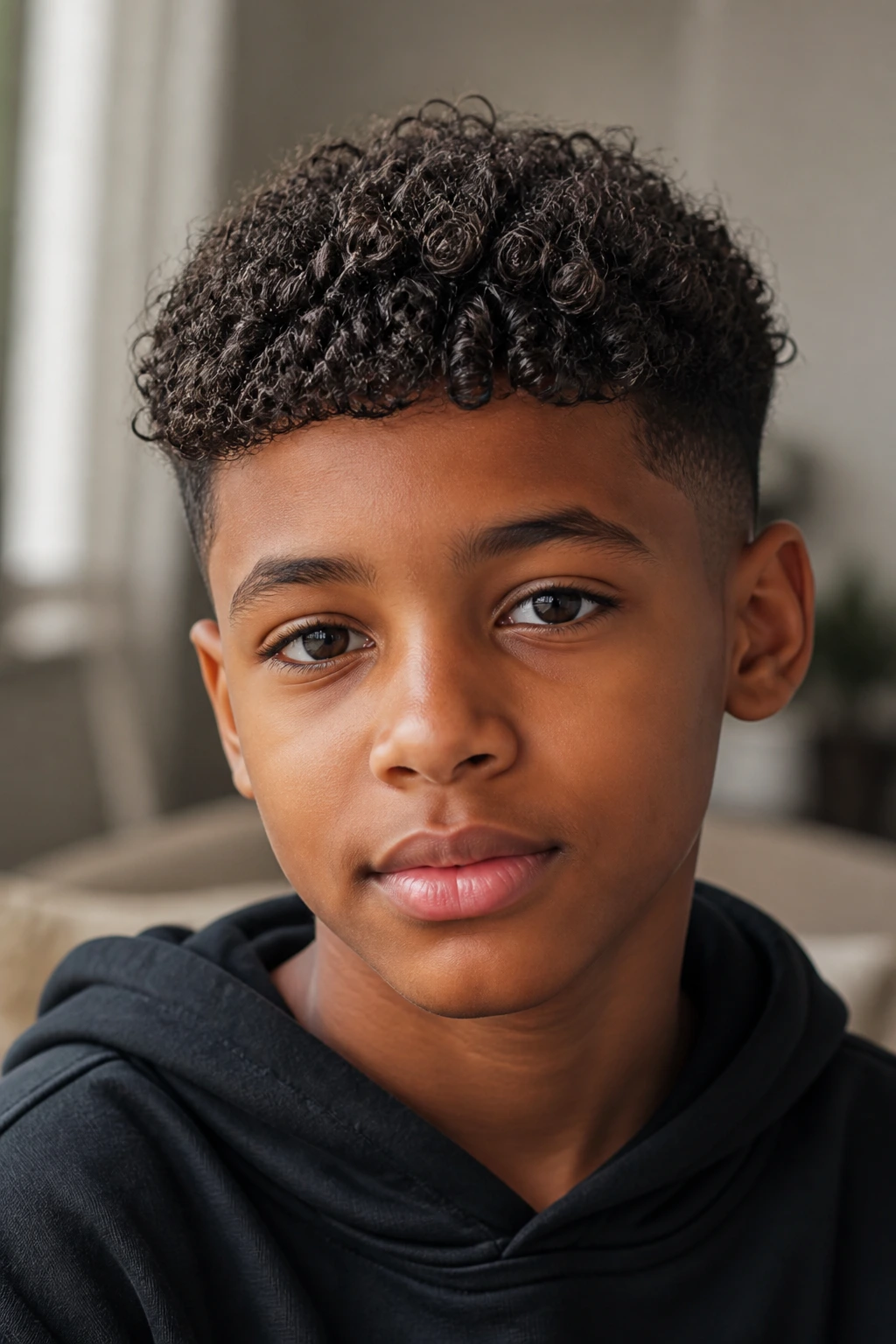 Close-up of a real boy with Curly Caesar and Short Fringe, fringe above brows