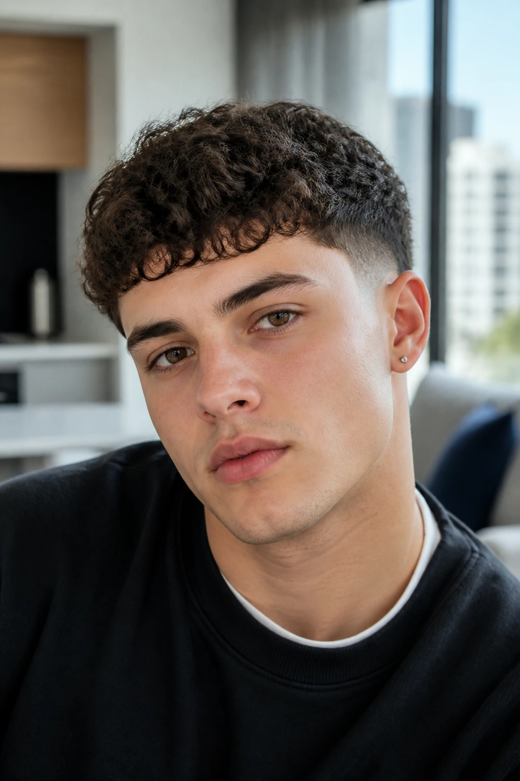 Close-up of a real person with a broken-fringe curly Caesar on a round face