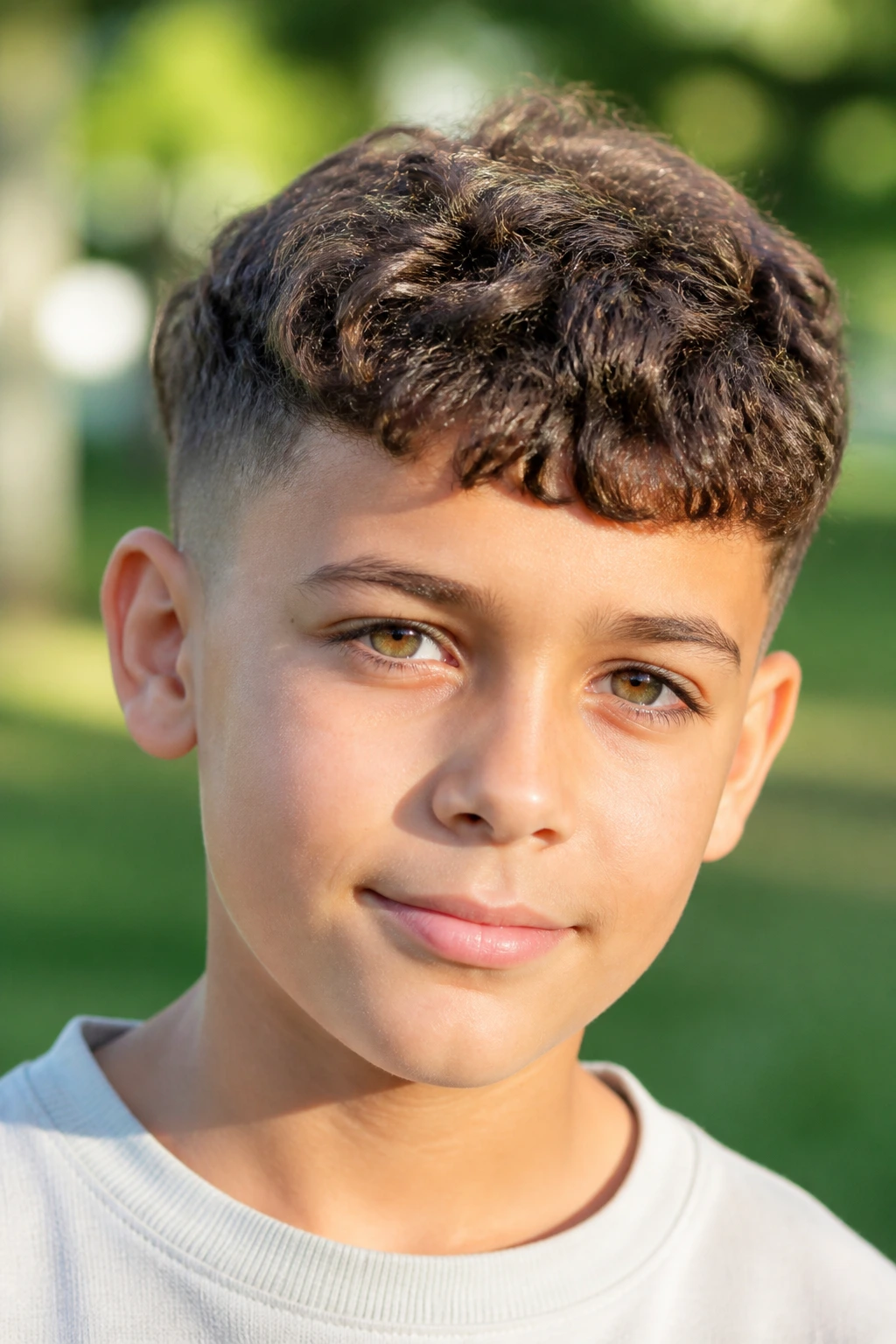 Close-up of a real boy with Curly Caesar haircut in a sunny park