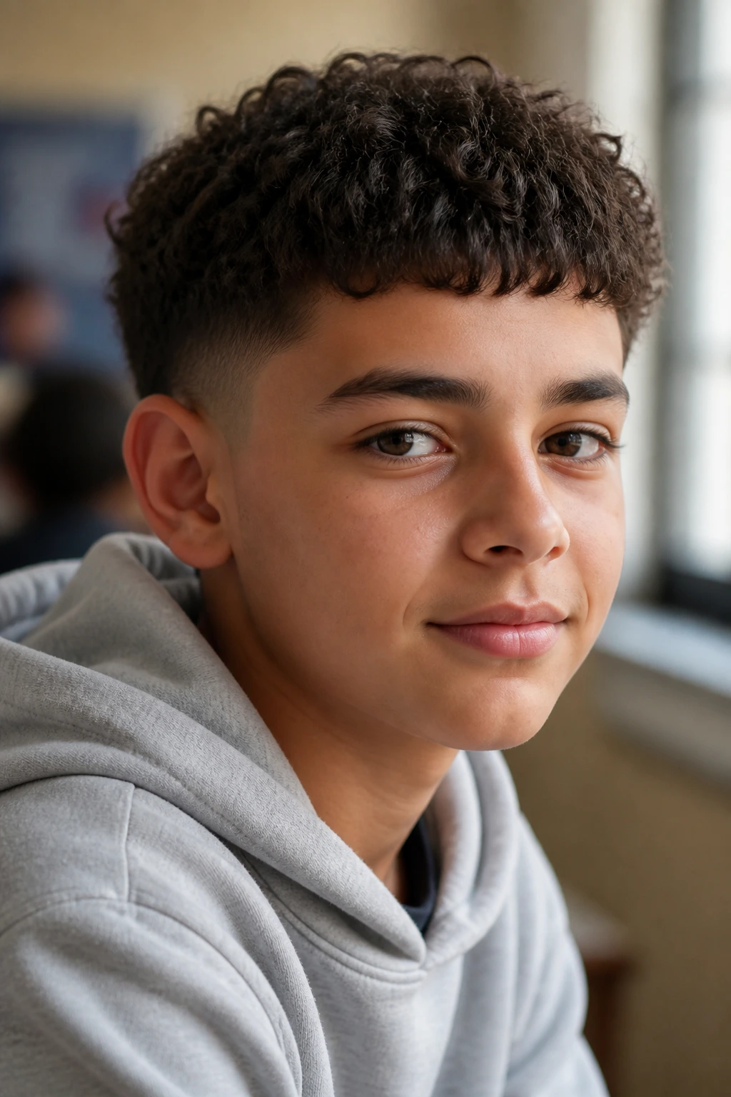Close-up portrait of a real boy with a curly Caesar and short bangs