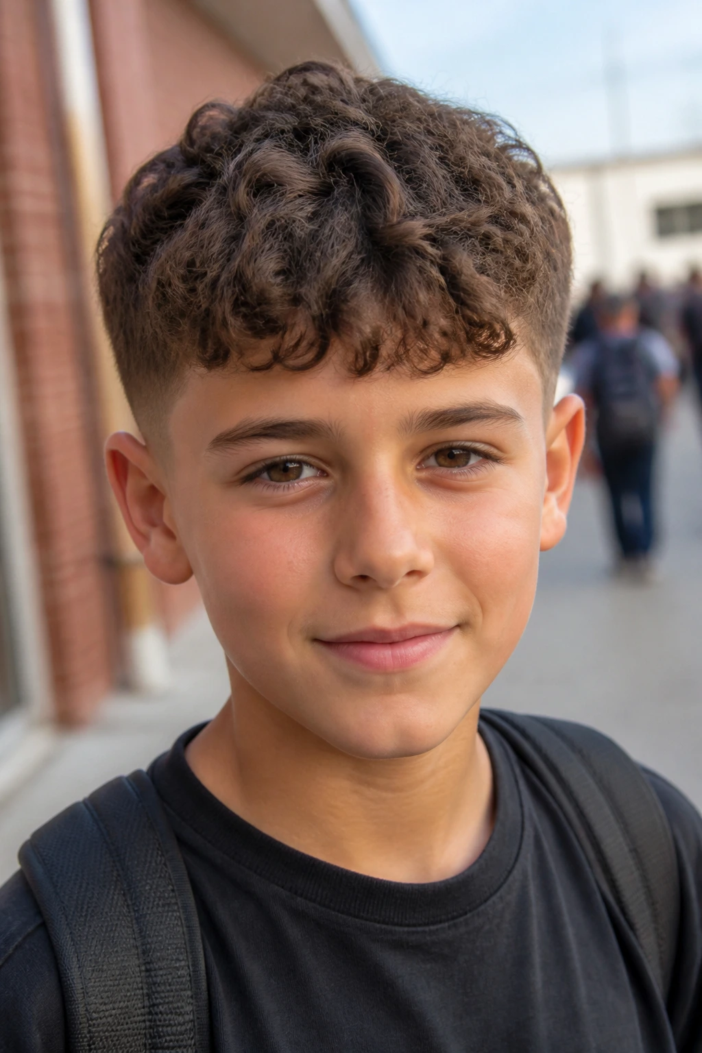 Real boy with curly Caesar haircut, forward fringe.