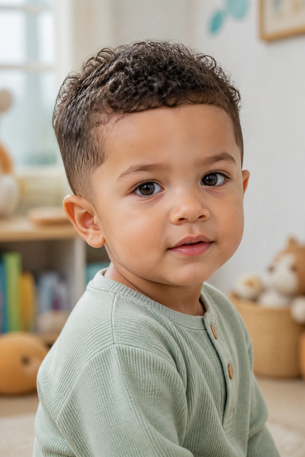 Toddler with curly Caesar haircut close-up