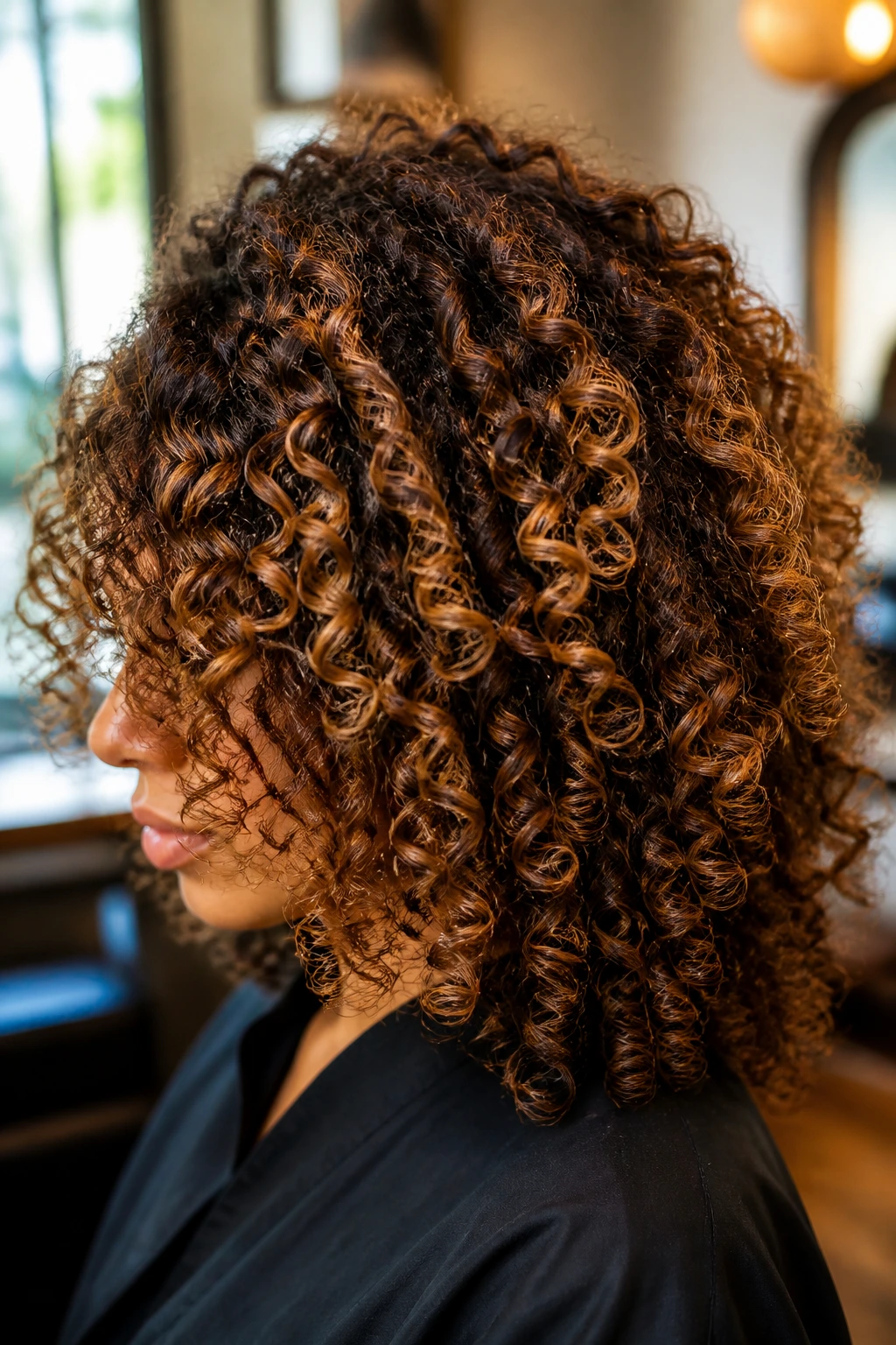 Close-up of curly hair with caramel highlights in a warm salon setting