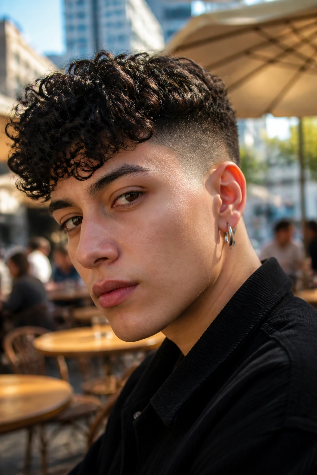 Close-up portrait of a person with a curly Chelsea cut showing defined curls on top.