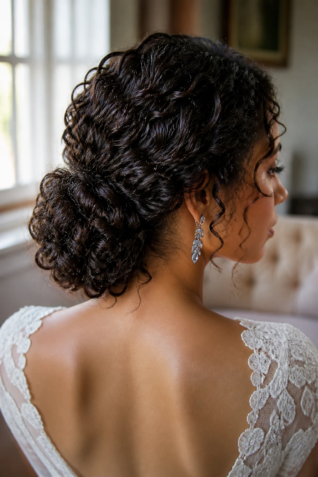 Close-up of a real bride with a textured curly chignon at the nape.
