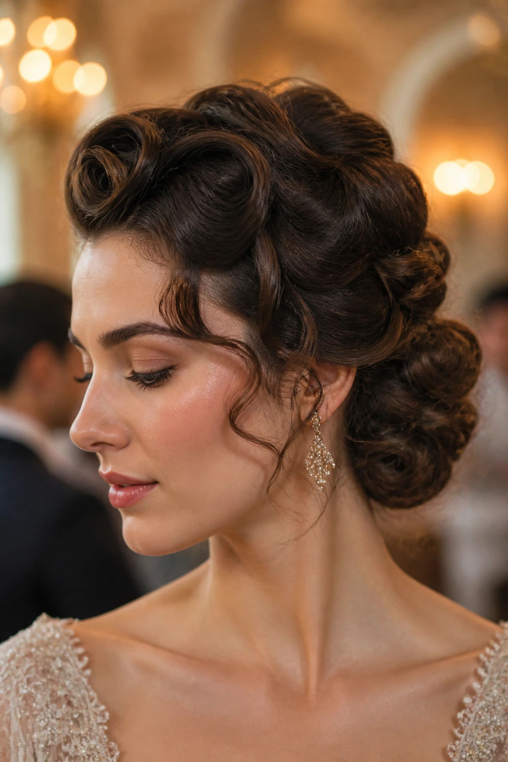 Portrait of a woman with a curly chignon and soft front roll in an elegant setting.