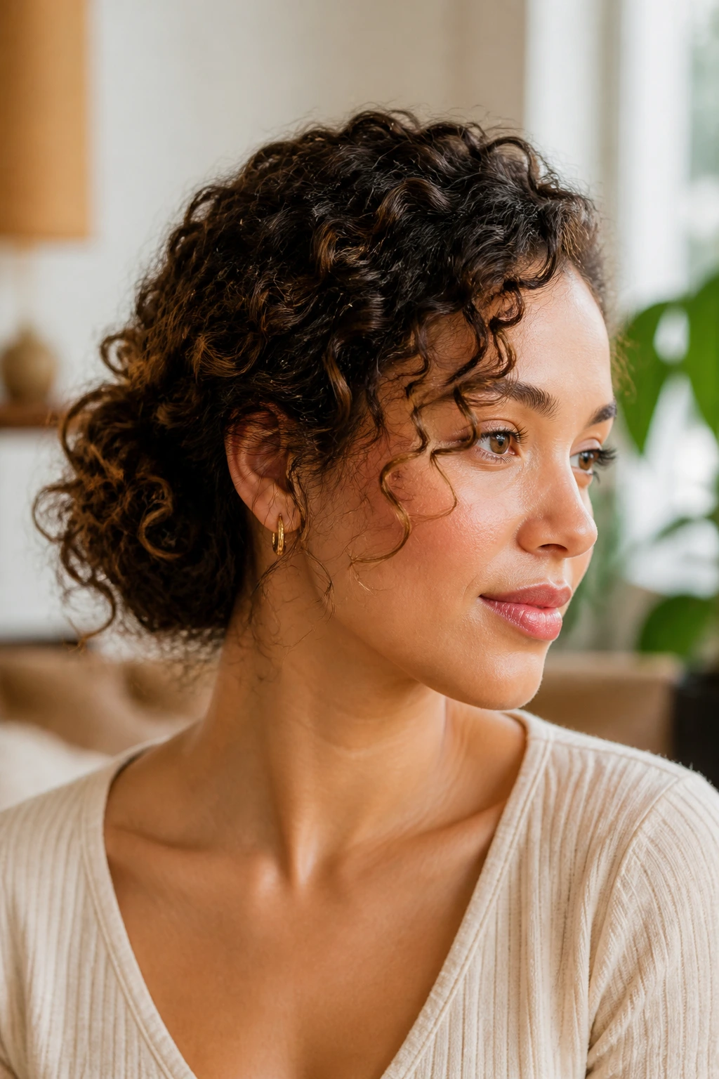 Close-up of a curly-haired chignon showing natural curls around a low bun