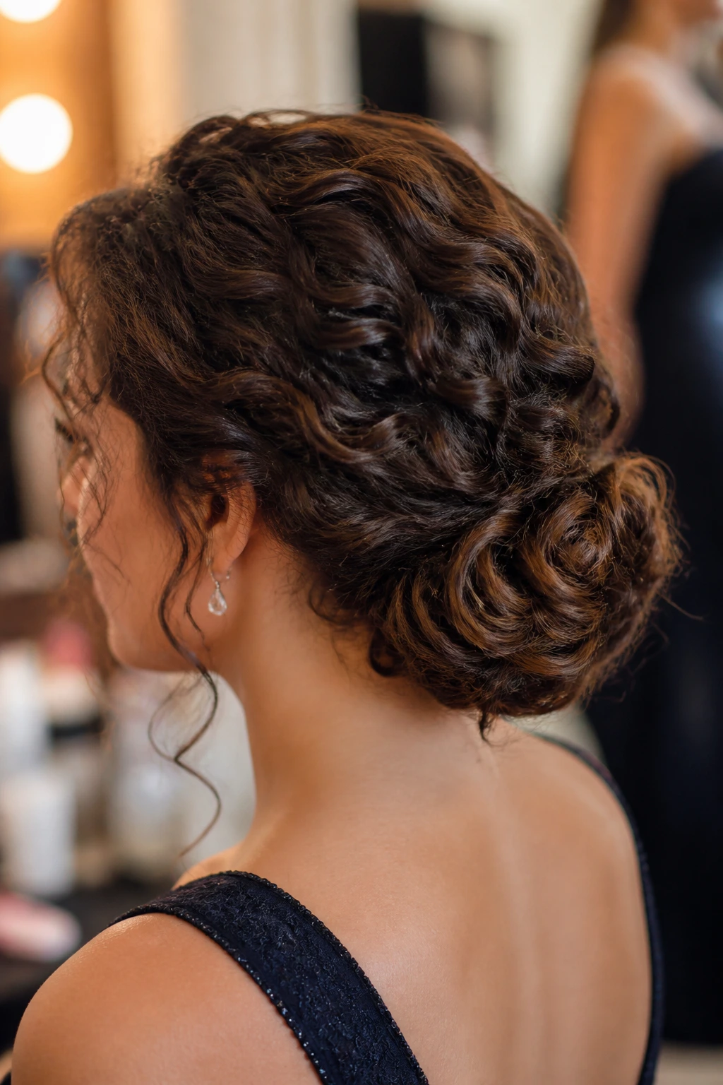 Close-up of real woman with curly chignon and tucked ends