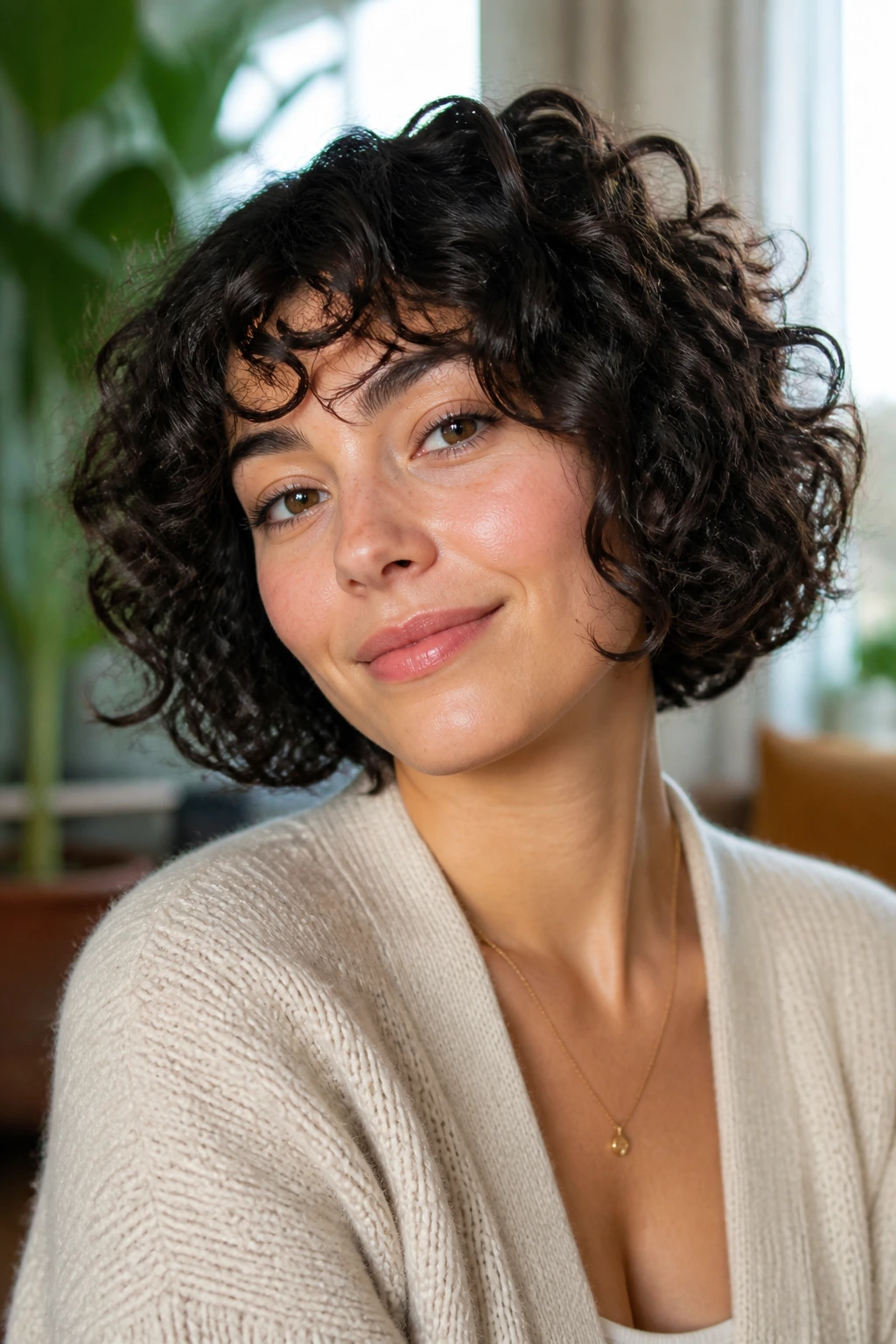 Close-up of a real woman with a chin-length curly bob