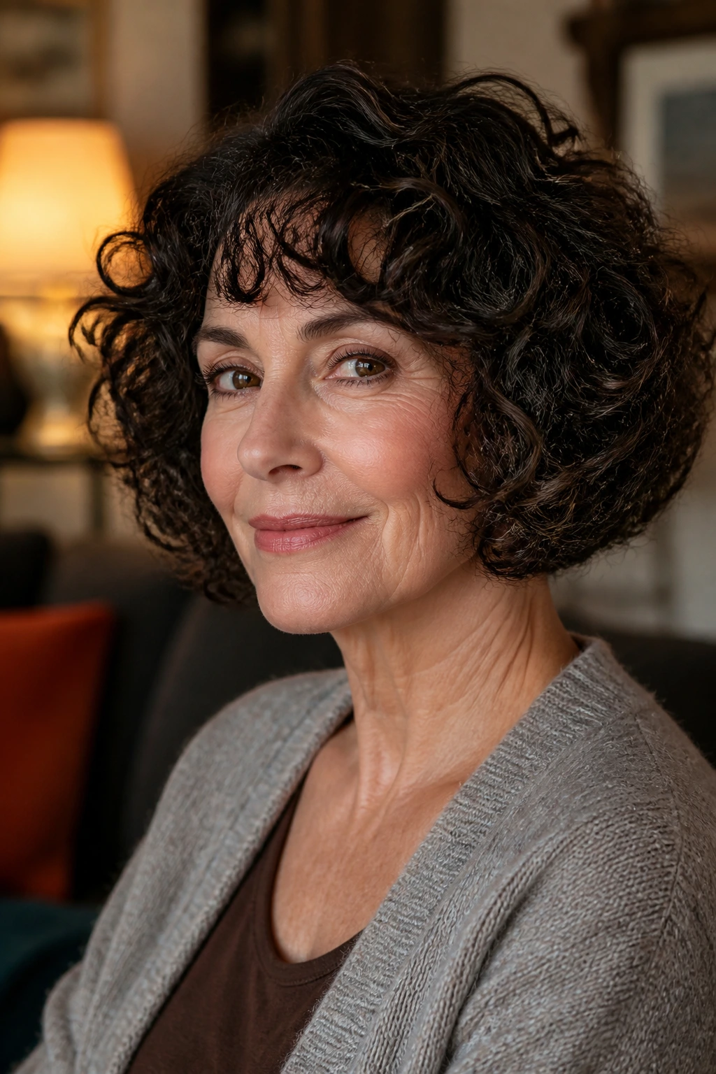 Close-up of a real woman with curly chin-length bob showing defined curls.