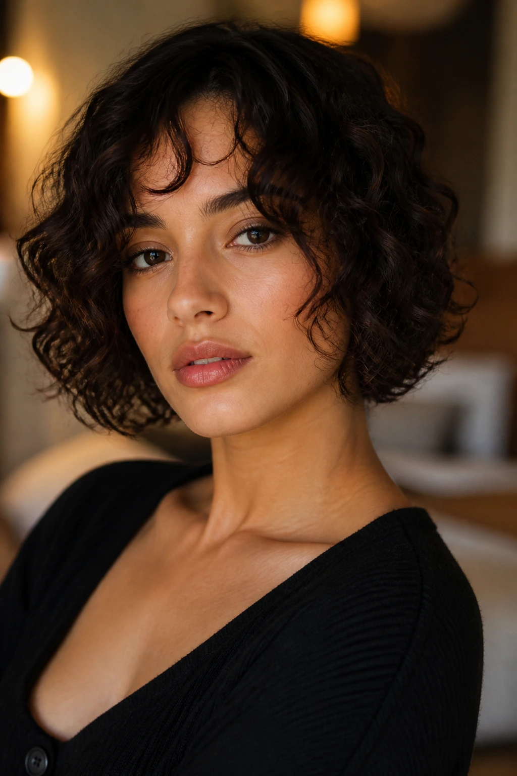 Portrait of a woman with chin-length curly cut and open fringe in warm light