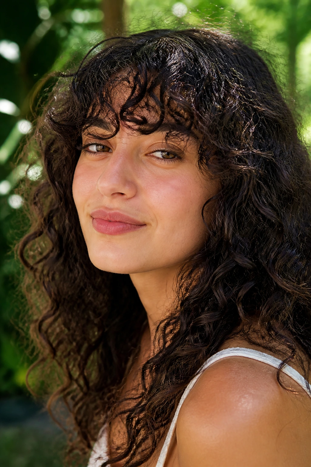 Close-up of a real woman with curly choppy bangs in sunny outdoor light