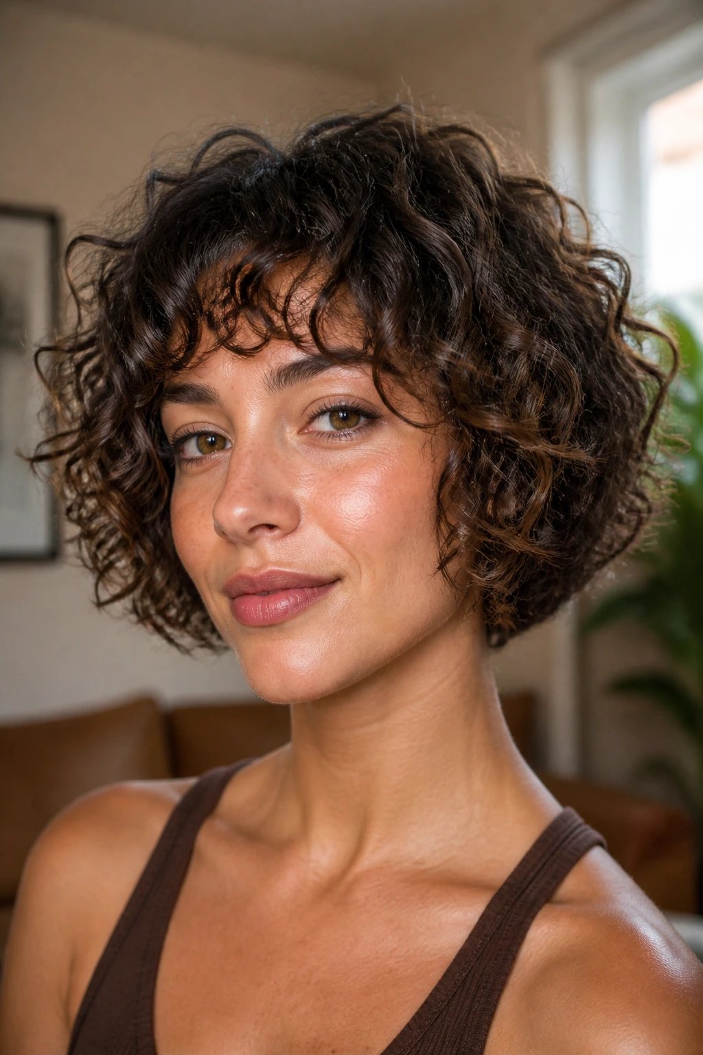 Close-up of a real woman with curly choppy bob showing stacked curls