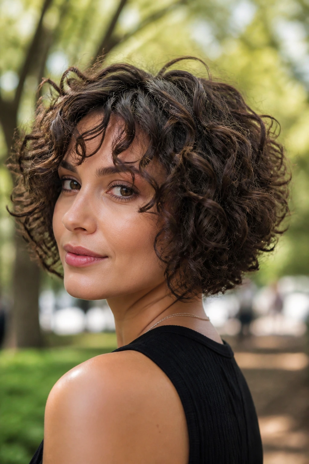 Real person with curly choppy bob in a sunlit outdoor setting.
