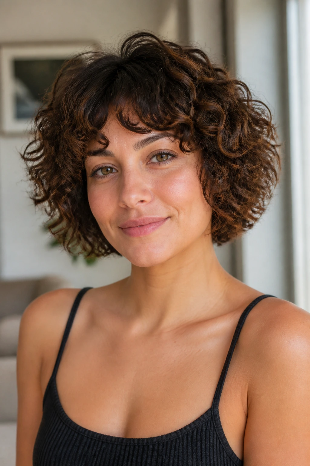 Portrait of a real woman with curly choppy bob rounded shape.