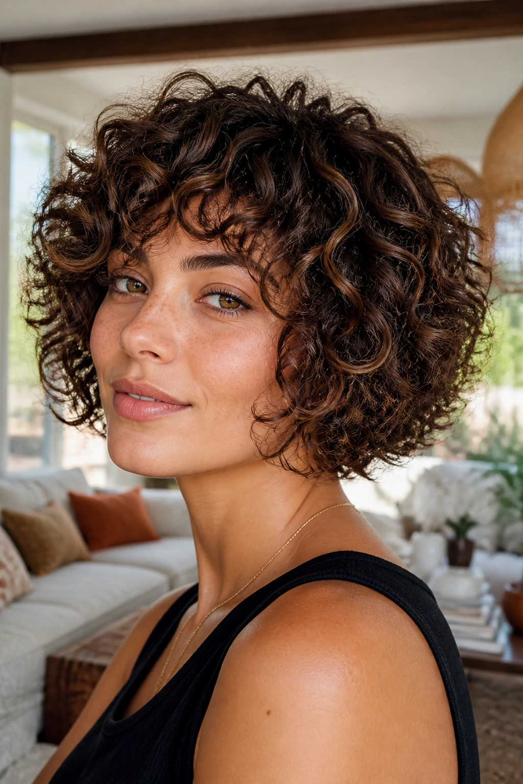 Close-up of a real woman with a rounded curly choppy bob in a warmly lit living room.