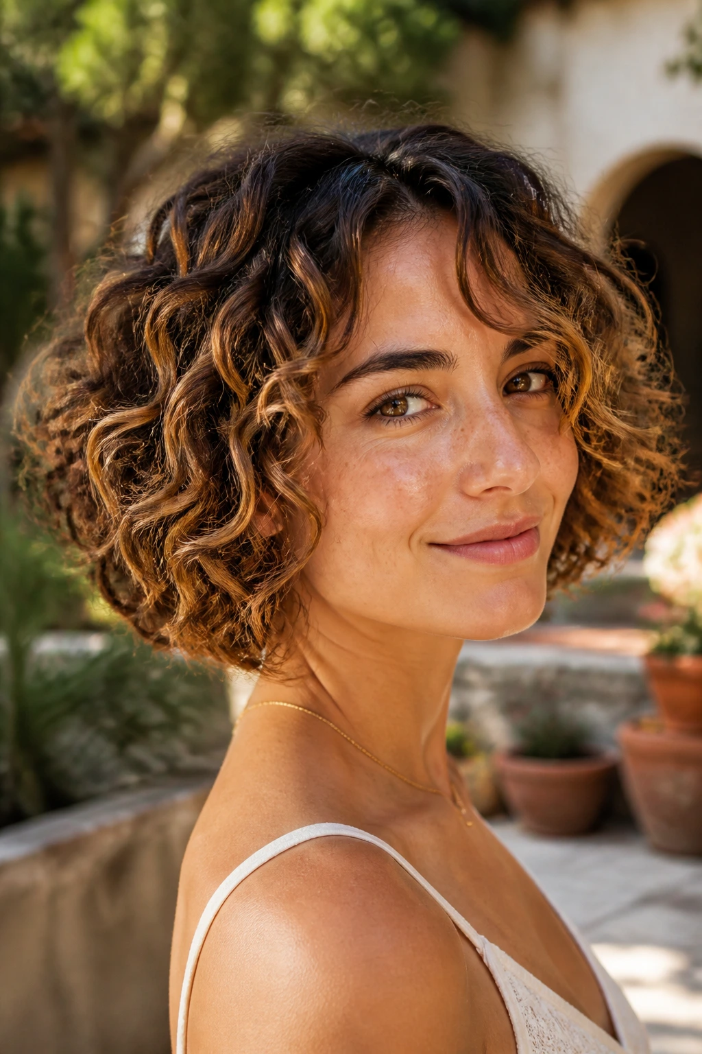 Close-up portrait of a real person with curly choppy bob and warm bronze balayage