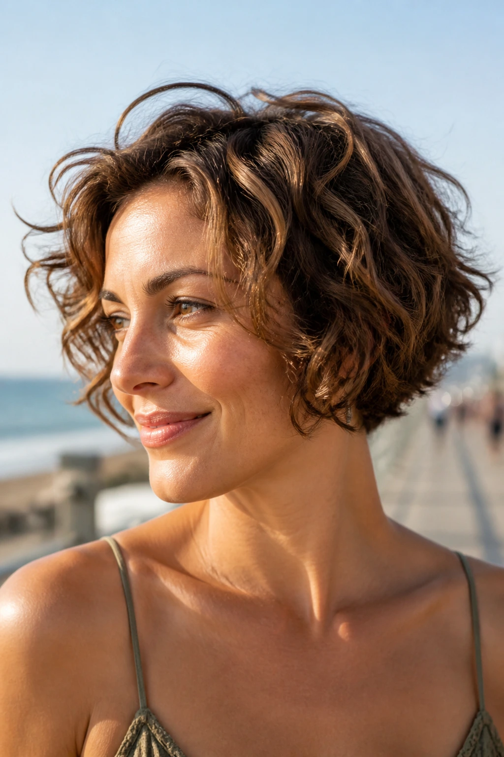 Real woman with curly choppy bob and fine waves