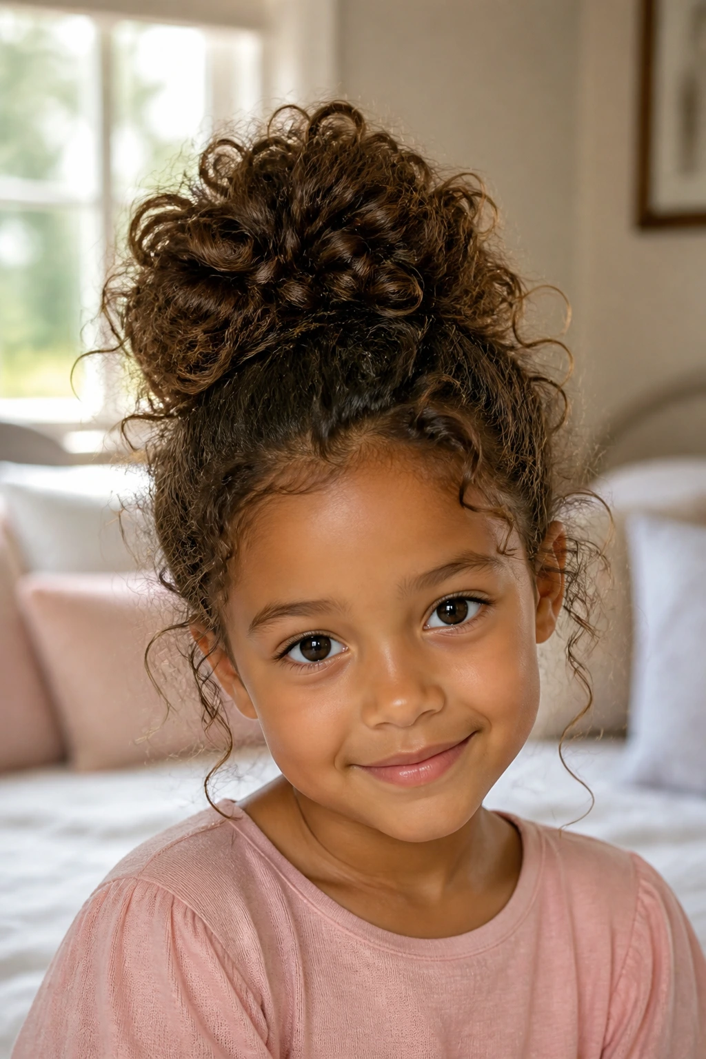 Close-up of a real girl with curly hair styled into a cloud bun in a cozy bedroom