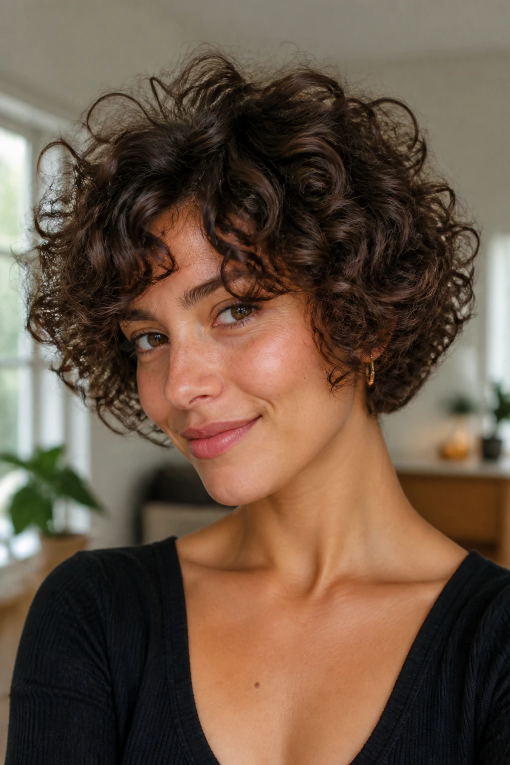 Close-up portrait of a woman with curly cloud pixie bob and defined curls