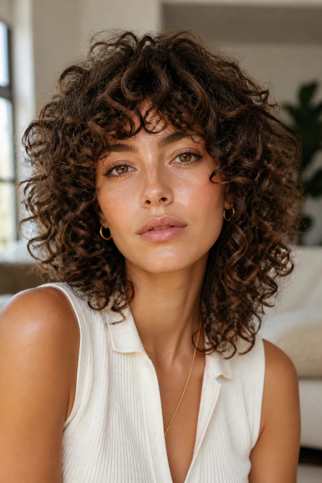 Close-up portrait of a real person with curly cloud shag