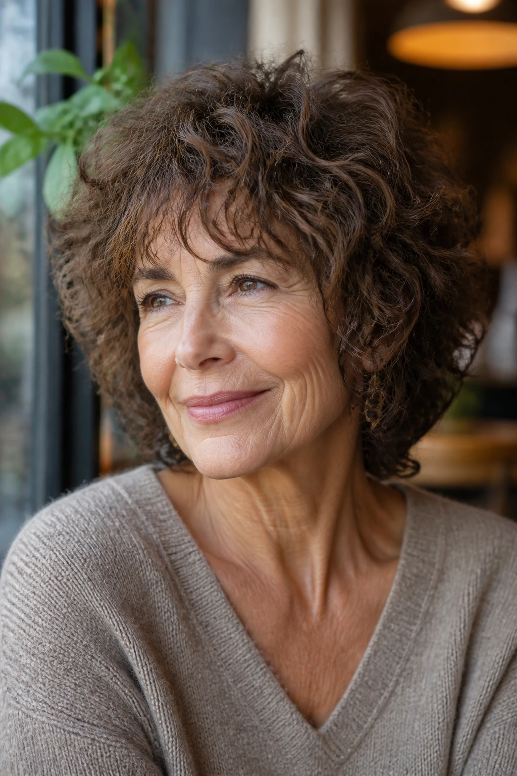 Close-up of an older woman with curly cocoa shag hairstyle in natural light.