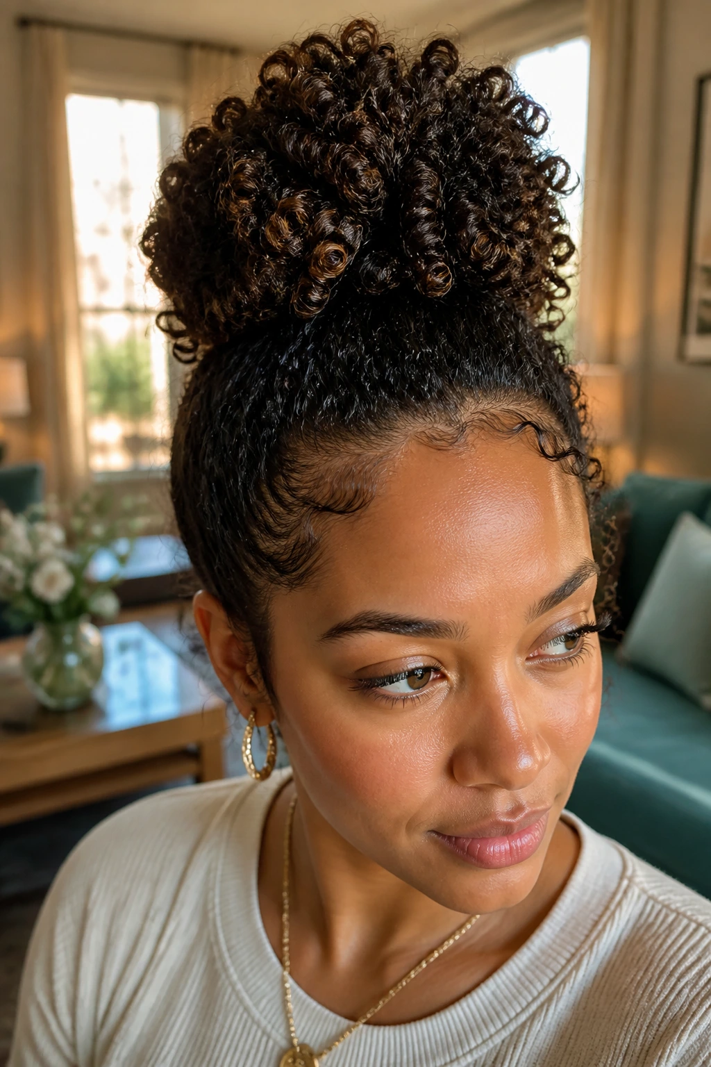 Close-up portrait of a real woman with a curly coil bun and textured curls