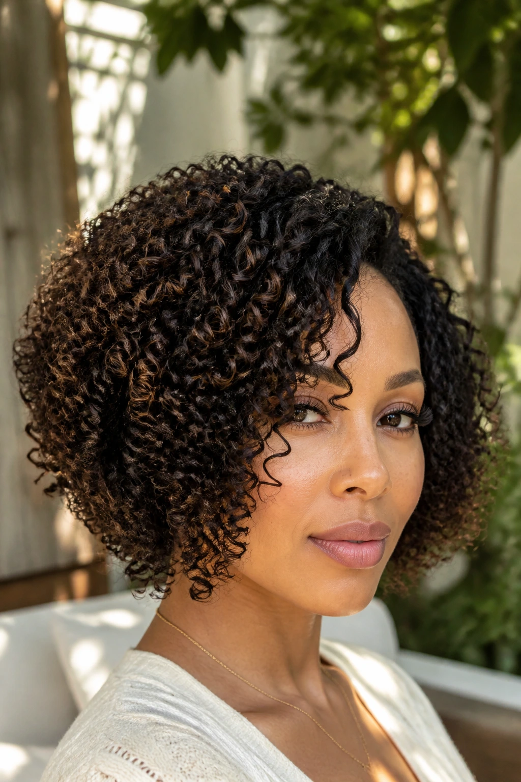 Close-up of a real woman with curly-coil inverted bob on a sunlit patio