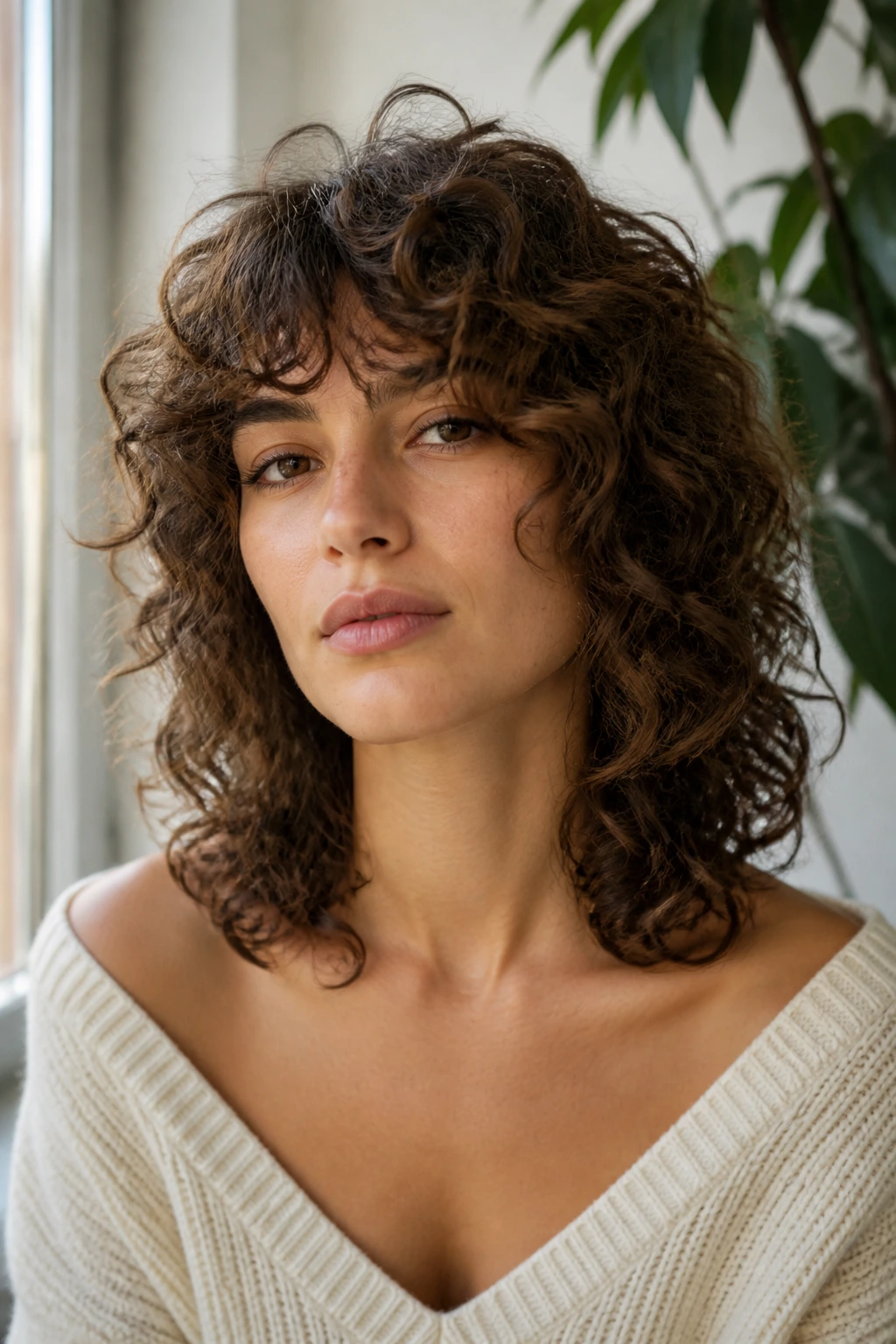 Close-up of a real person with curly collarbone shag.