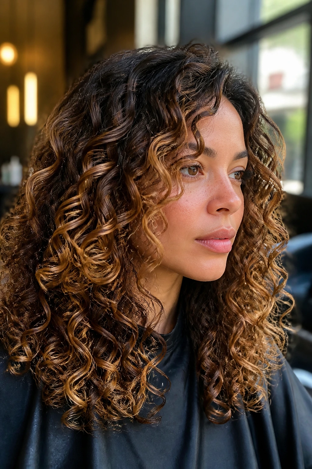 Close-up of curly hair showing strategically placed lighter pieces around the face in a salon setting