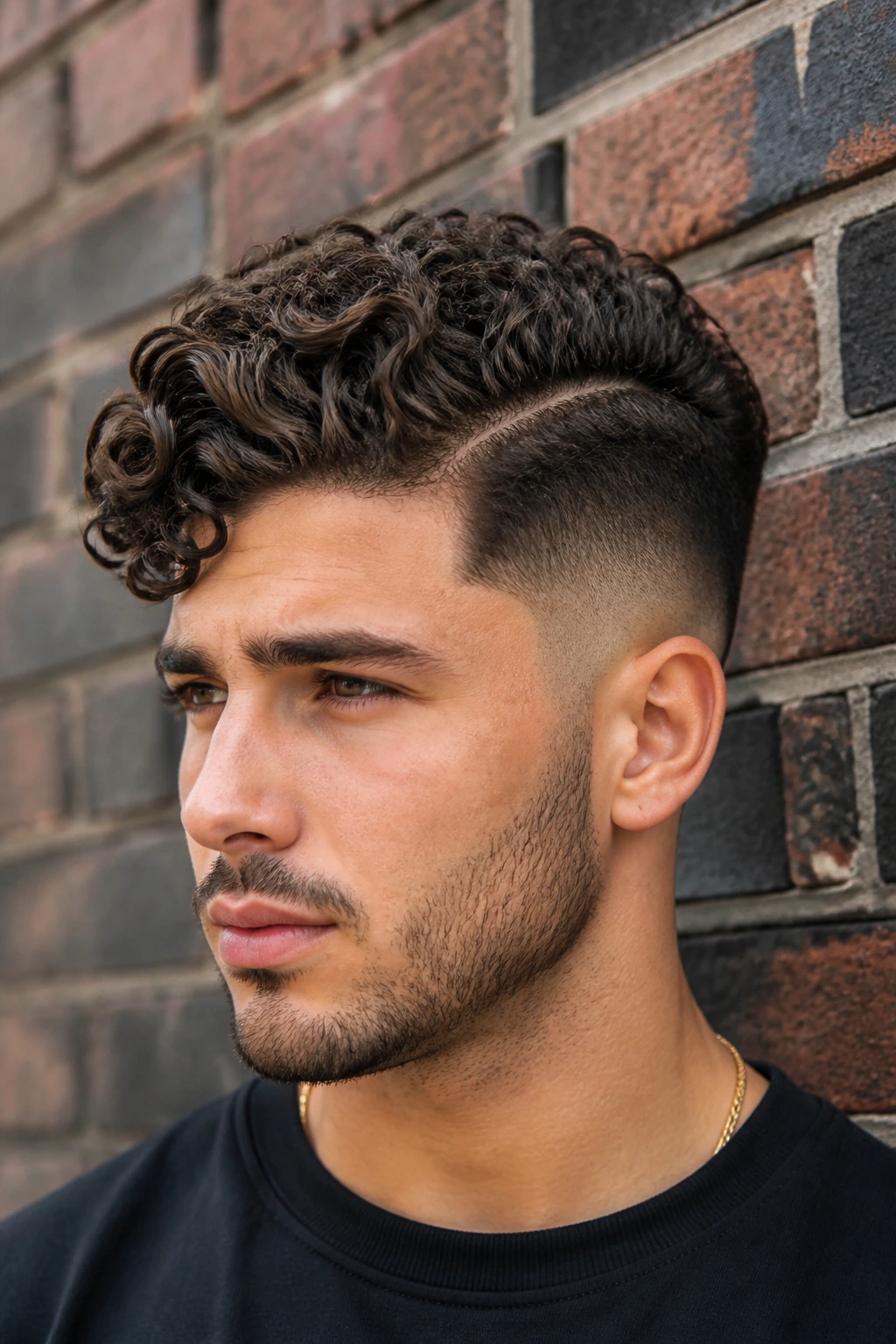 Man with curly hair styled into a comb over with a fade on the sides.
