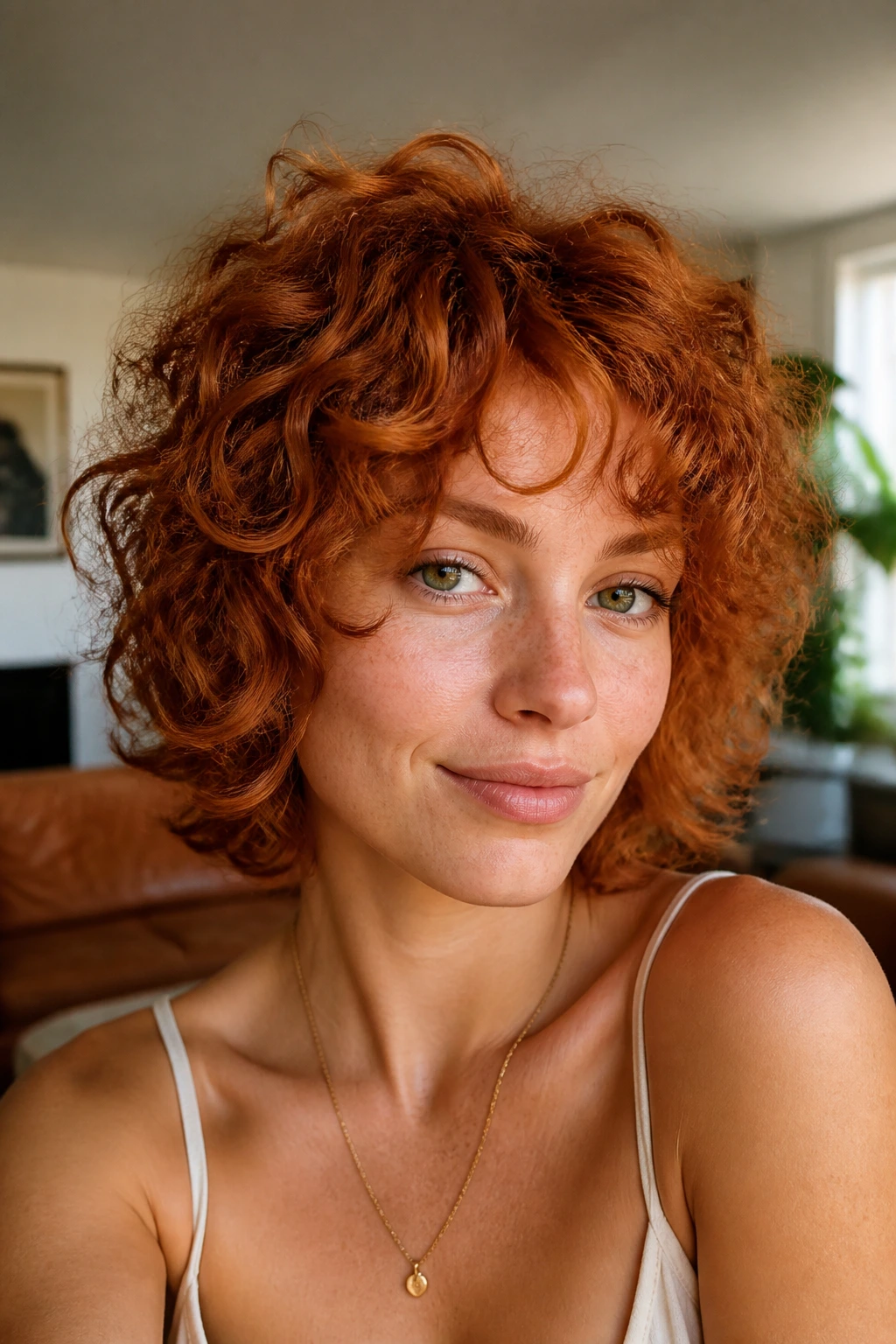 Close-up portrait of a real woman with curly copper shag and face-framing layers