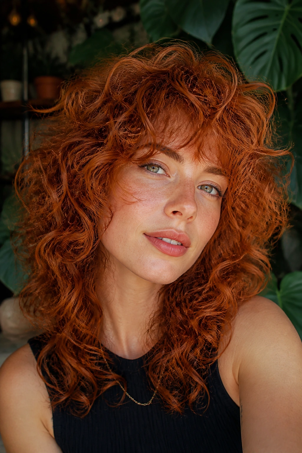 Close-up portrait of a real woman with curly copper wolf cut with defined curls