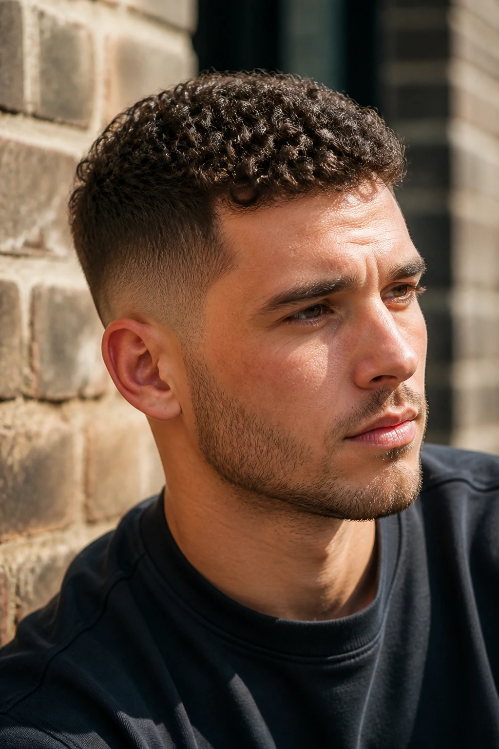 Close-up of a man with curly crew cut showing defined curls and tapered sides.