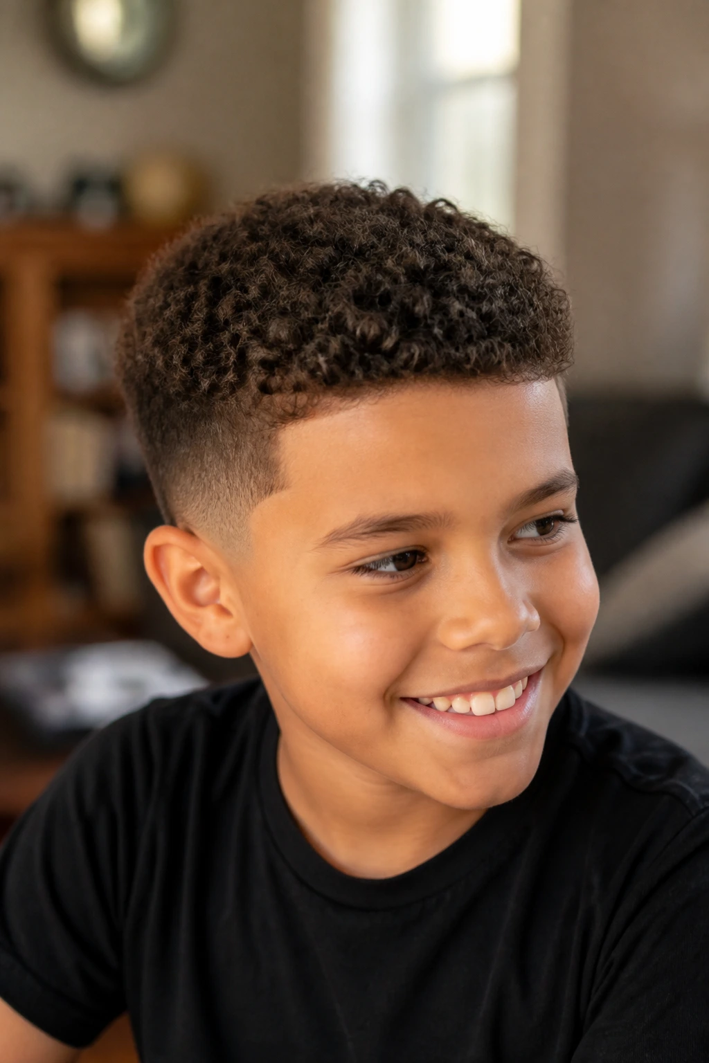 Boy with curly crew cut showing textured top and tapered sides
