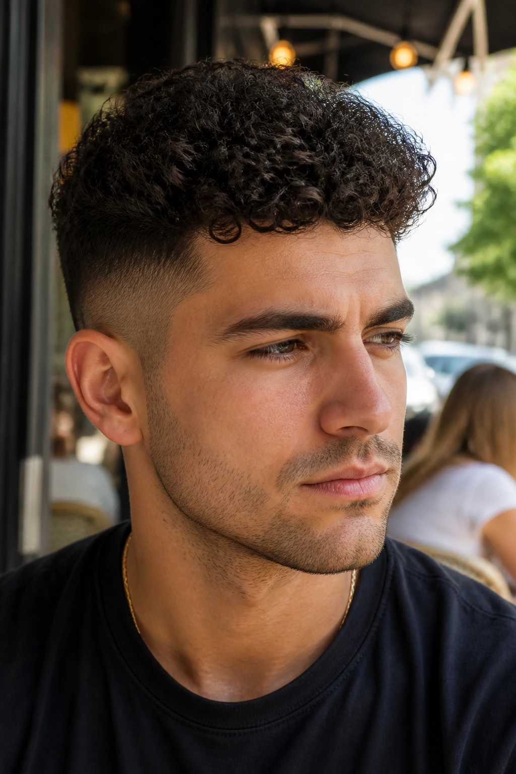 Close-up portrait of a man with curly crew cut in daylight outdoors
