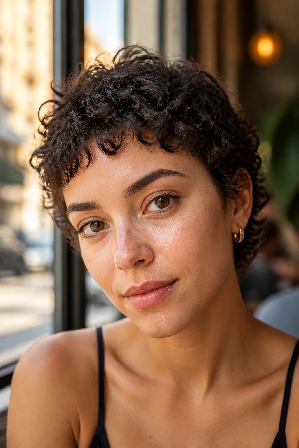 Close-up of a real person with curly crop and baby bangs in sunlit cafe light