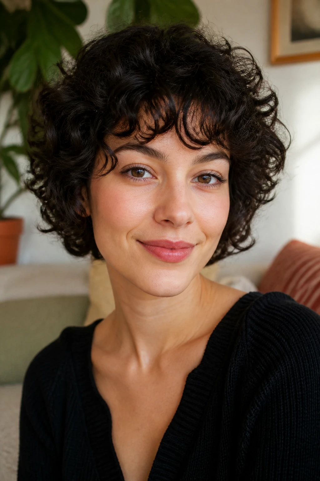Close-up of a woman with a curly crop and soft bangs