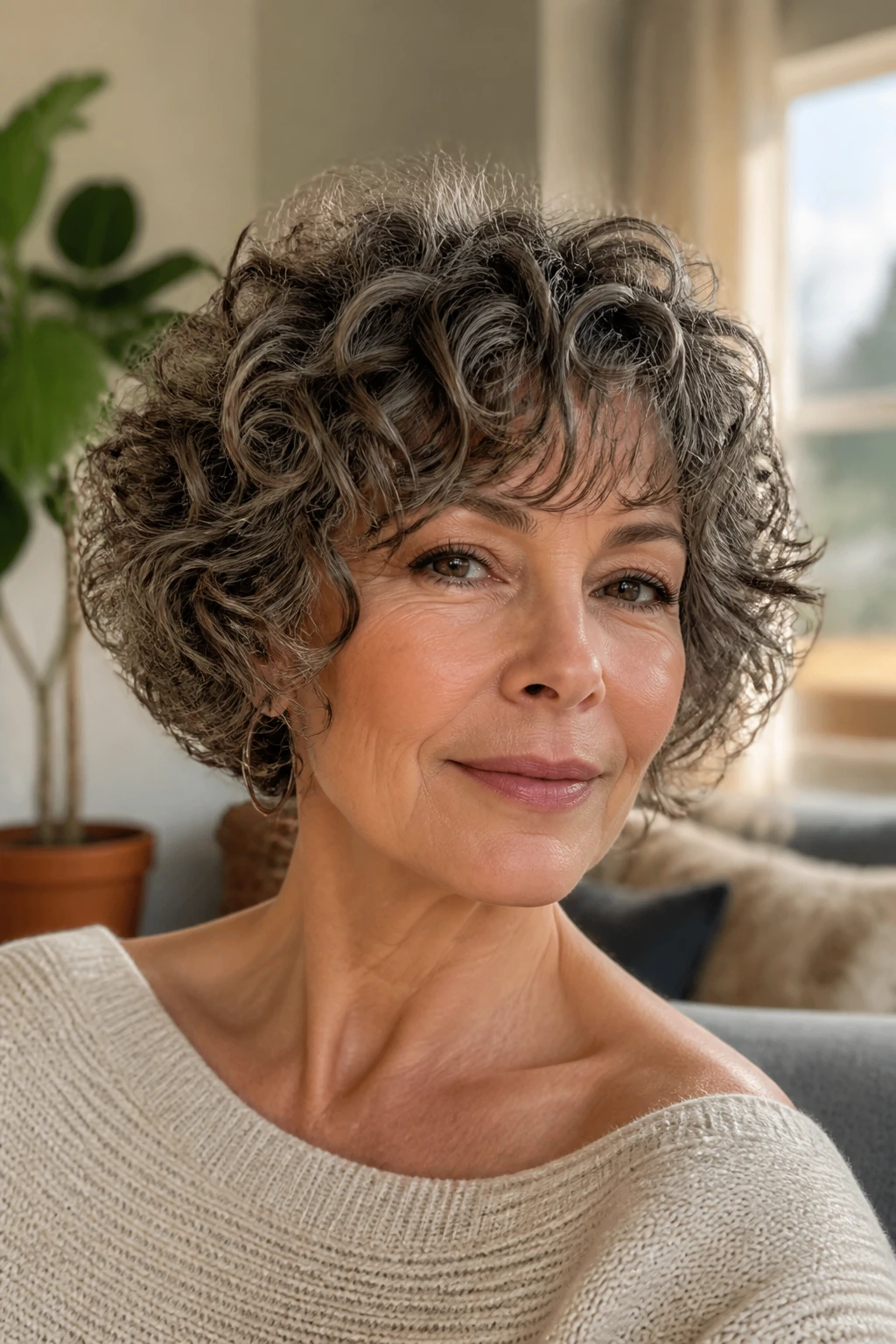 Close-up of a real woman with curly crop bob and soft fringe