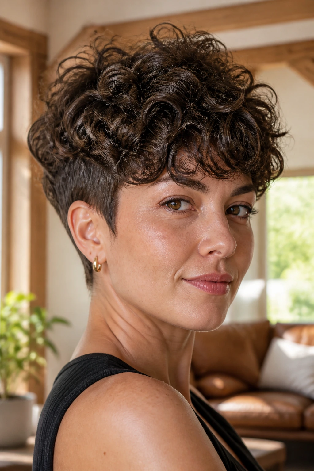 Close-up of a real person with Curly Crop with Crown Lift hairstyle in a sunlit living room