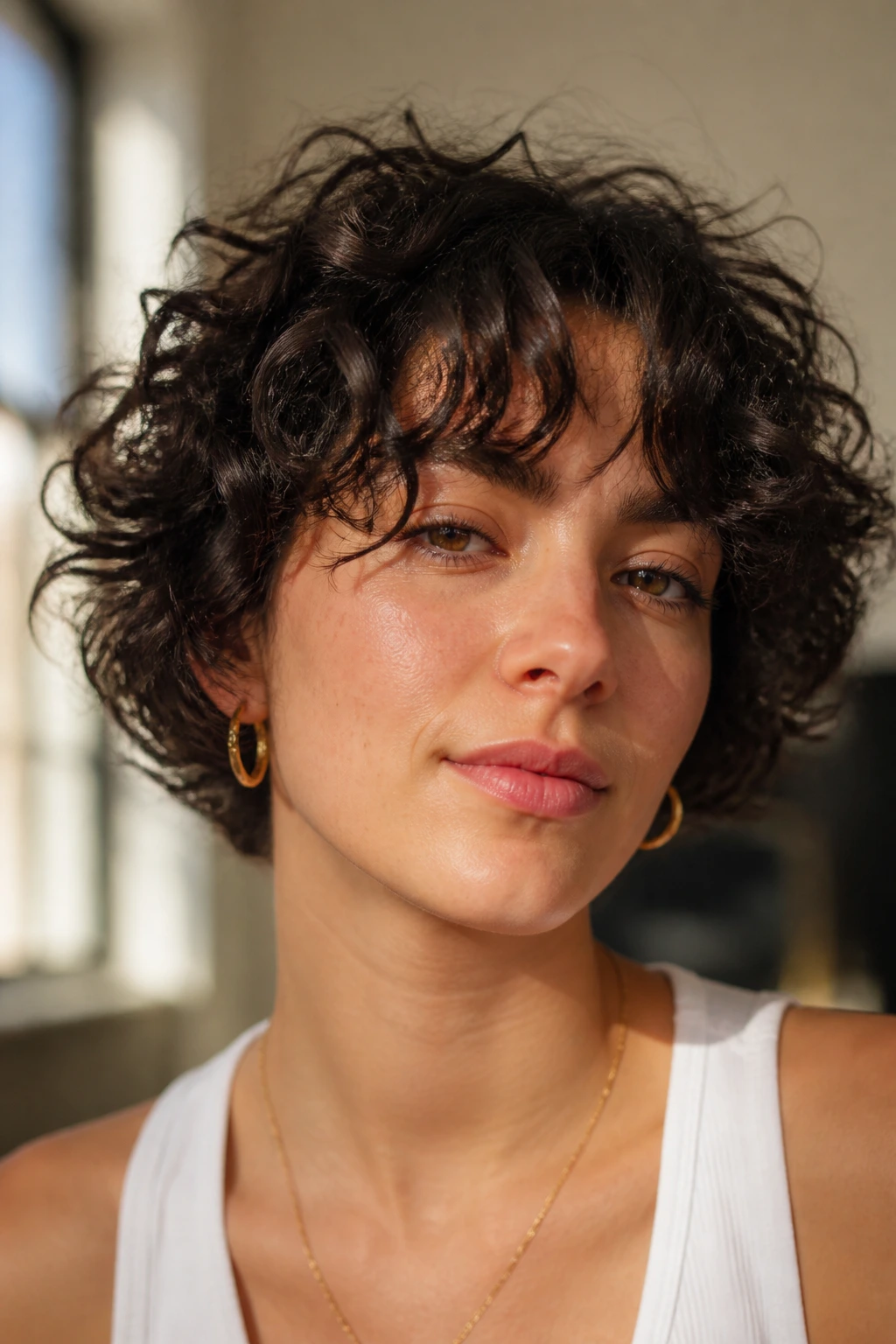 Portrait of curly crop with airy curtain bangs.