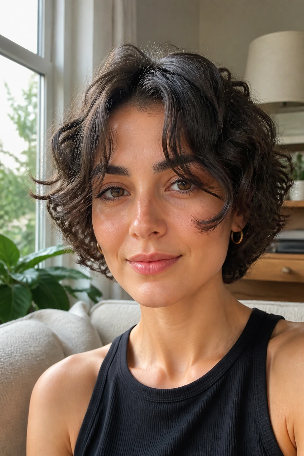 Close-up portrait of a real woman with curly crop and curtain bangs